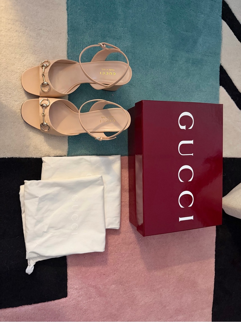 Gucci Blush Leather Horsebit Ankle-Strap Sandals